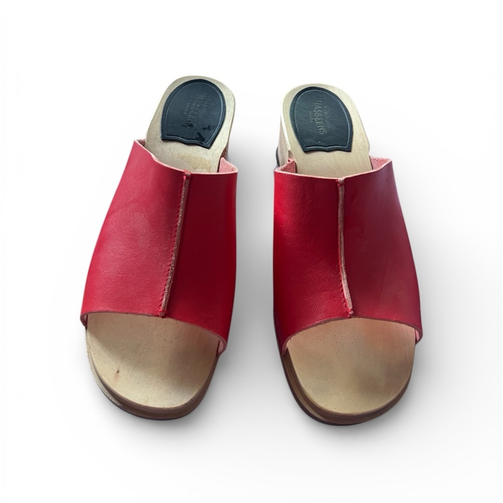 Swedish Hasbeens Red Leather Ann Low Mules - Picture 2 of 5